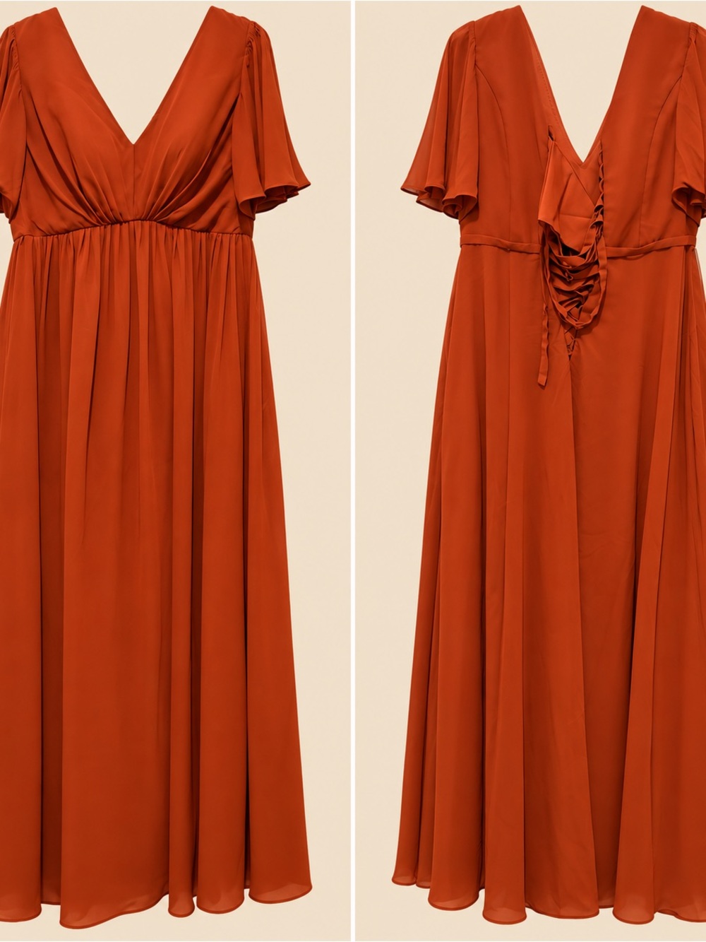 Rust Orange V-Neck Maxi Dress with Lace-Up Back